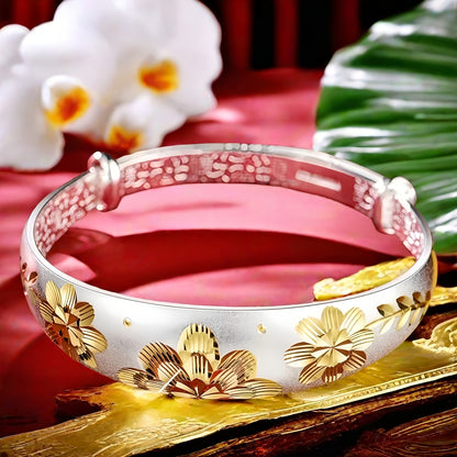 Cuff Bracelet for Women - 925 Silver Floral Cuff, Engraved Open Band - product detail view 16
