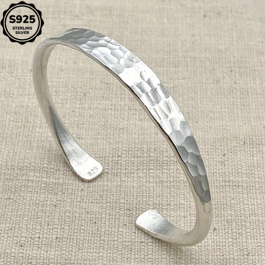 Cuff Bracelet - 925 Sterling Silver Hammered for Women Handmade Corrugated Open Bangle - main product view