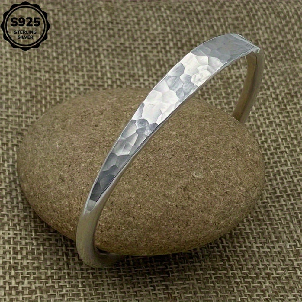 Cuff Bracelet - 925 Sterling Silver Hammered for Women Handmade Corrugated Open Bangle - product detail view 2