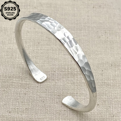 Cuff Bracelet - 925 Sterling Silver Hammered for Women Handmade Corrugated Open Bangle - product detail view 10