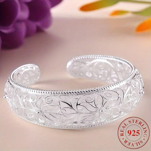Cuff Bracelet - 925 Sterling Silver Open Adjustable Floral Bangle Hypoallergenic Elegant - main product view