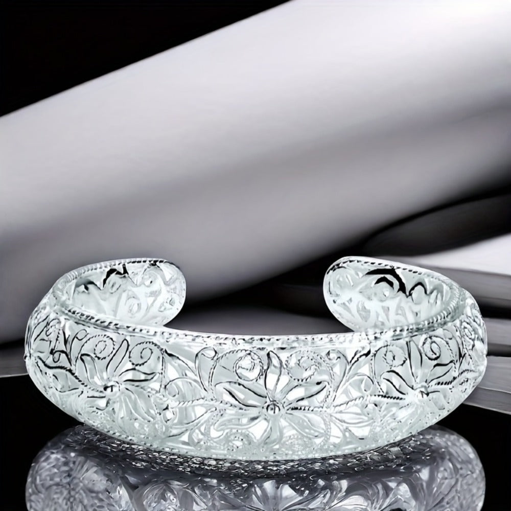 Cuff Bracelet - 925 Sterling Silver Open Adjustable Floral Bangle Hypoallergenic Elegant - product detail view 3