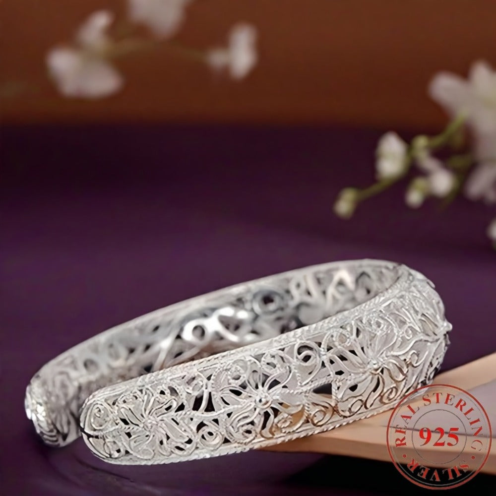 Cuff Bracelet - 925 Sterling Silver Open Adjustable Floral Bangle Hypoallergenic Elegant - product detail view 4