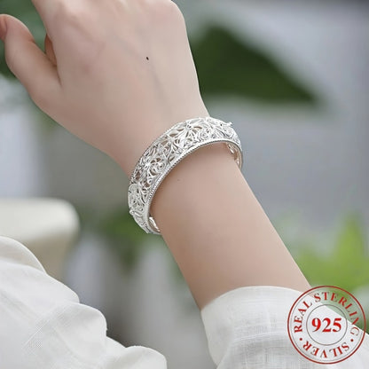 Cuff Bracelet - 925 Sterling Silver Open Adjustable Floral Bangle Hypoallergenic Elegant - product detail view 5