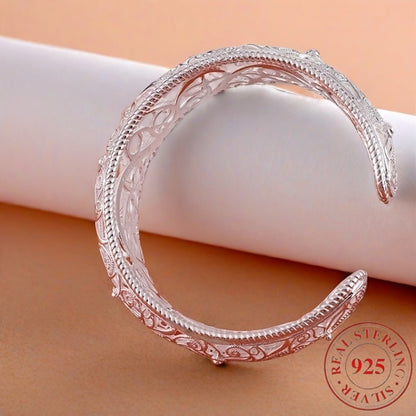 Cuff Bracelet - 925 Sterling Silver Open Adjustable Floral Bangle Hypoallergenic Elegant - product detail view 6