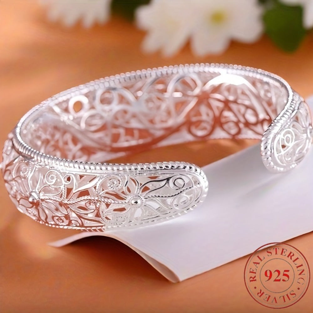 Cuff Bracelet - 925 Sterling Silver Open Adjustable Floral Bangle Hypoallergenic Elegant - product detail view 7