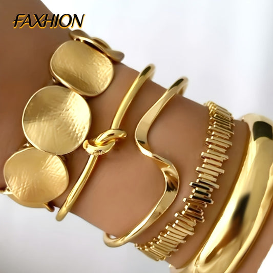 Cuff Bracelet - Chunky Bangle Set 5pcs Geometric Twisted Texture Metal Wide Stacking - main product view