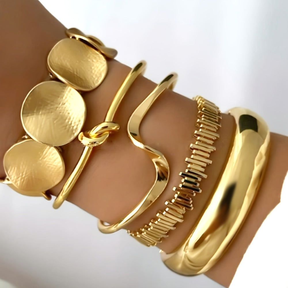 Cuff Bracelet - Chunky Bangle Set 5pcs Geometric Twisted Texture Metal Wide Stacking - product detail view 2