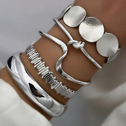 Cuff Bracelet - Chunky Bangle Set 5pcs Geometric Twisted Texture Metal Wide Stacking - product detail view 3