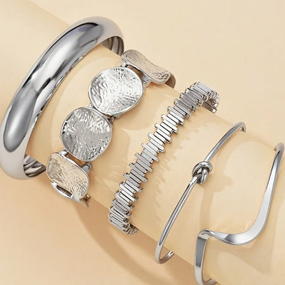 Cuff Bracelet - Chunky Bangle Set 5pcs Geometric Twisted Texture Metal Wide Stacking - product detail view 5
