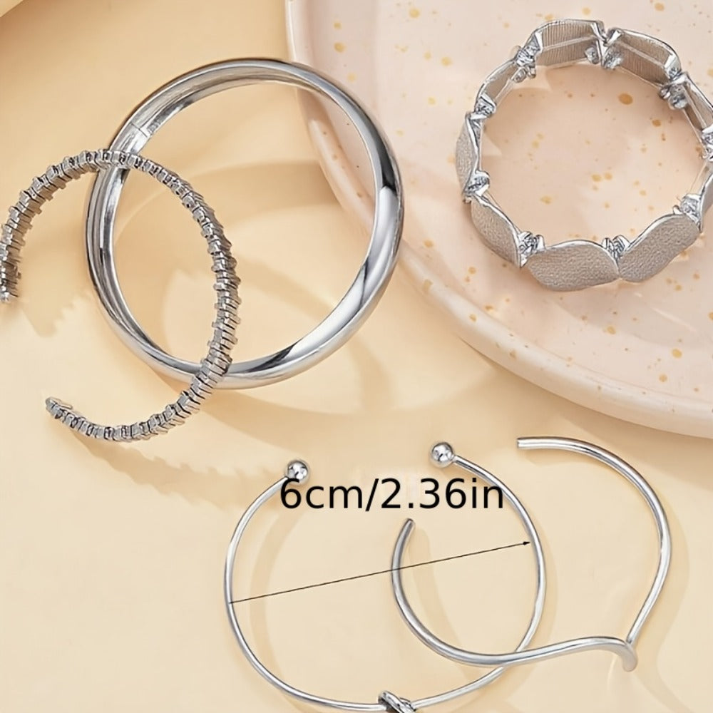 Cuff Bracelet - Chunky Bangle Set 5pcs Geometric Twisted Texture Metal Wide Stacking - product detail view 7