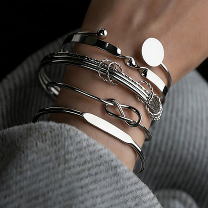 Cuff Bracelet - Chunky Bangle Set 5pcs Geometric Twisted Texture Metal Wide Stacking - product detail view 8