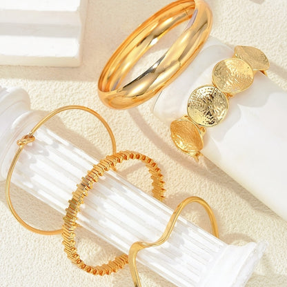 Cuff Bracelet - Chunky Bangle Set 5pcs Geometric Twisted Texture Metal Wide Stacking - product detail view 10