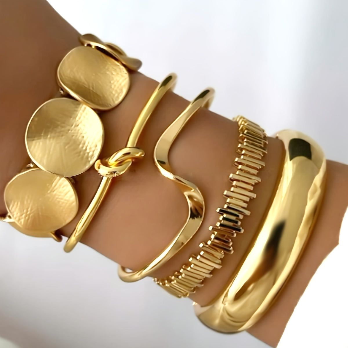 Cuff Bracelet - Chunky Bangle Set 5pcs Geometric Twisted Texture Metal Wide Stacking - product detail view 12