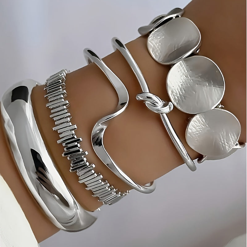 Cuff Bracelet - Chunky Bangle Set 5pcs Geometric Twisted Texture Metal Wide Stacking - product detail view 13
