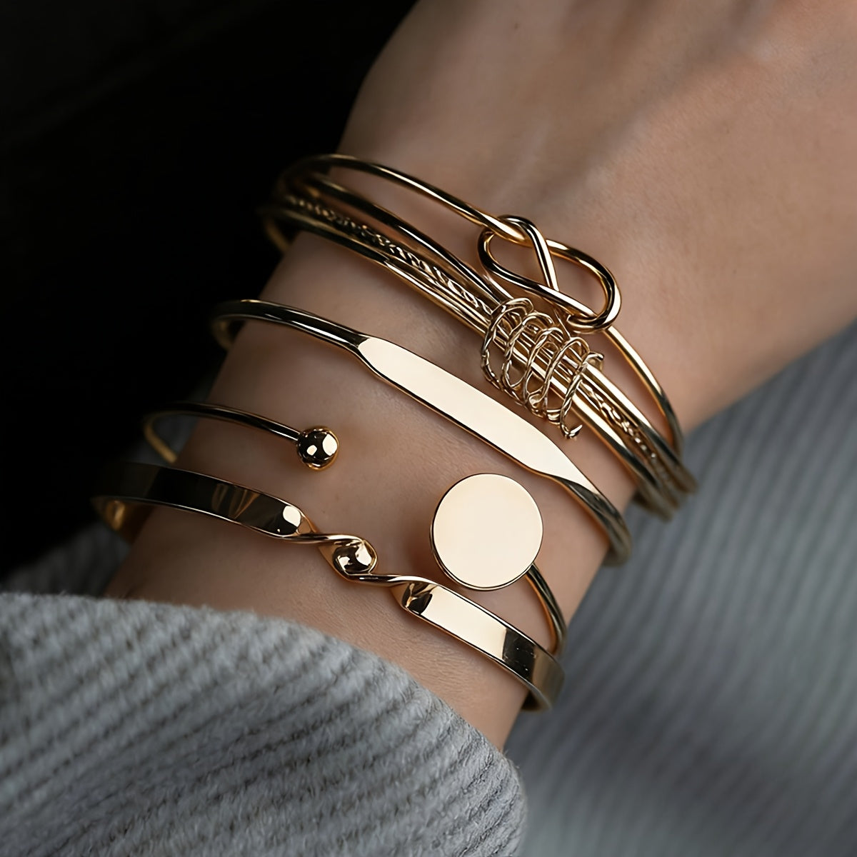Cuff Bracelet - Chunky Bangle Set 5pcs Geometric Twisted Texture Metal Wide Stacking - product detail view 14