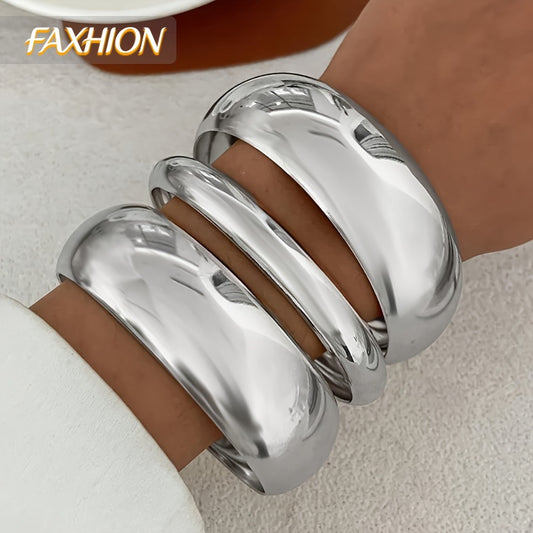 Cuff Bracelet - Chunky Metal Set of 3 - Geometric Wide Bangle Set with Twisted Texture - main product view