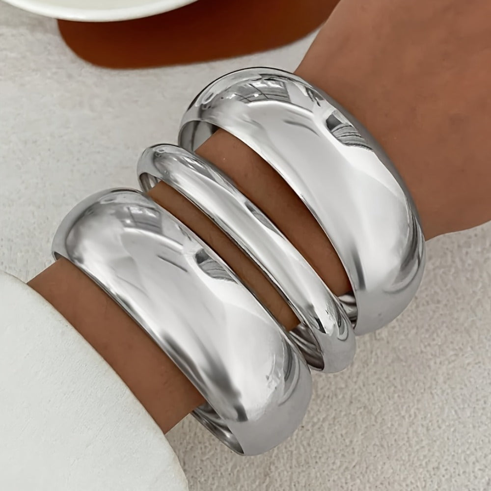 Cuff Bracelet - Chunky Metal Set of 3 - Geometric Wide Bangle Set with Twisted Texture - product detail view 2