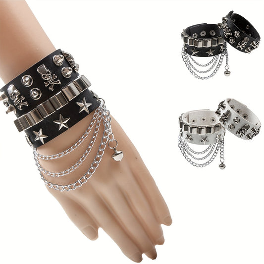Cuff Bracelet - Men's Wide PU Leather Multilayer Skull Rivet Punk Hip Hop Wristband Zinc - main product view