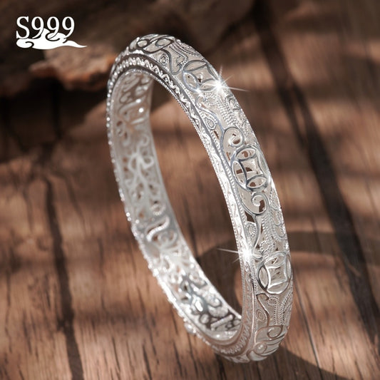 Cuff Bracelet - Silver Bangle S999 Pure Solid Silver Closed End for Women High Shine - main product view
