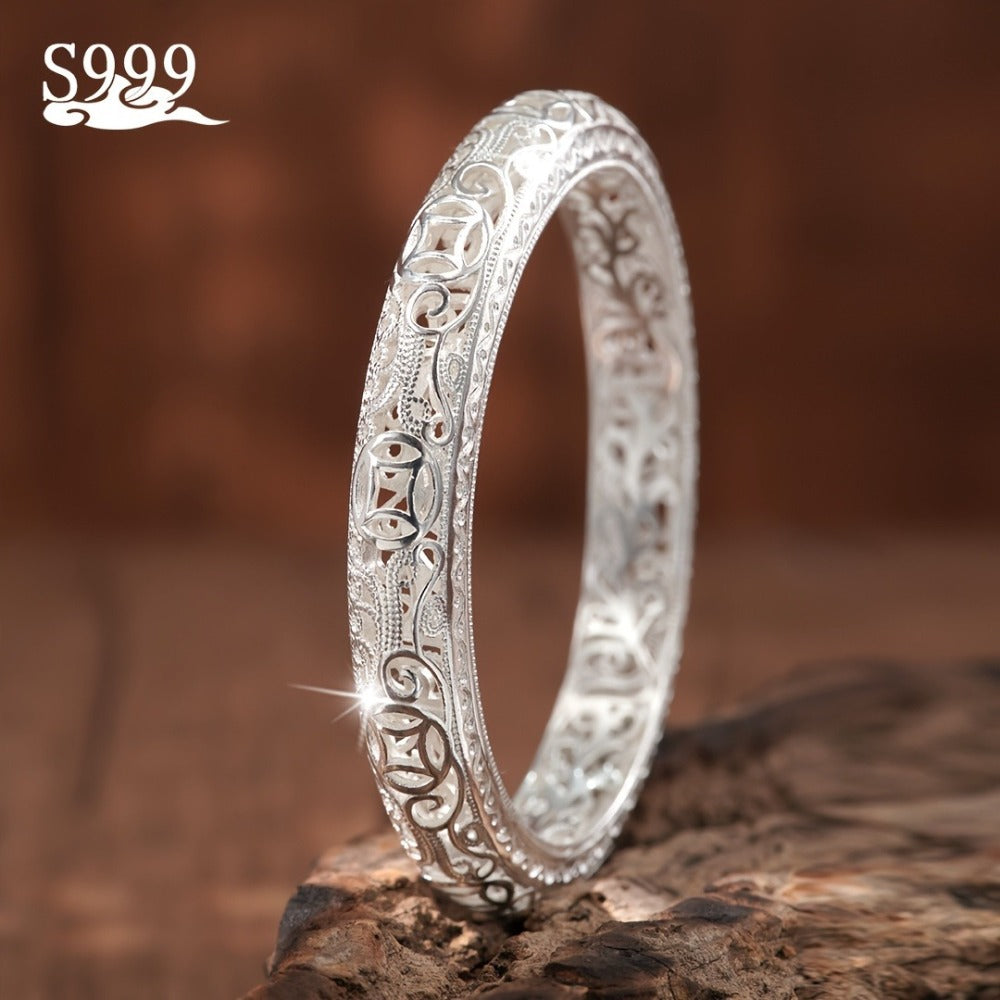 Cuff Bracelet - Silver Bangle S999 Pure Solid Silver Closed End for Women High Shine - product detail view 2