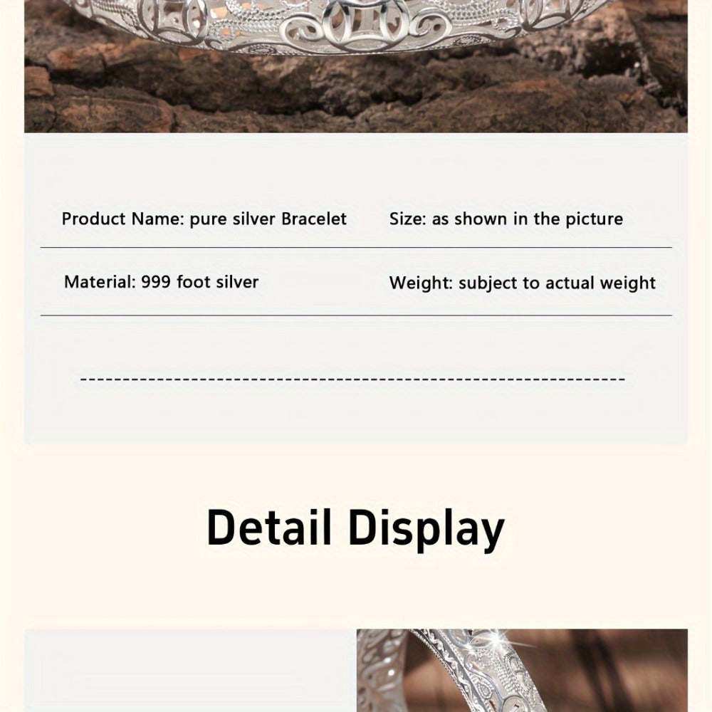Cuff Bracelet - Silver Bangle S999 Pure Solid Silver Closed End for Women High Shine - product detail view 8