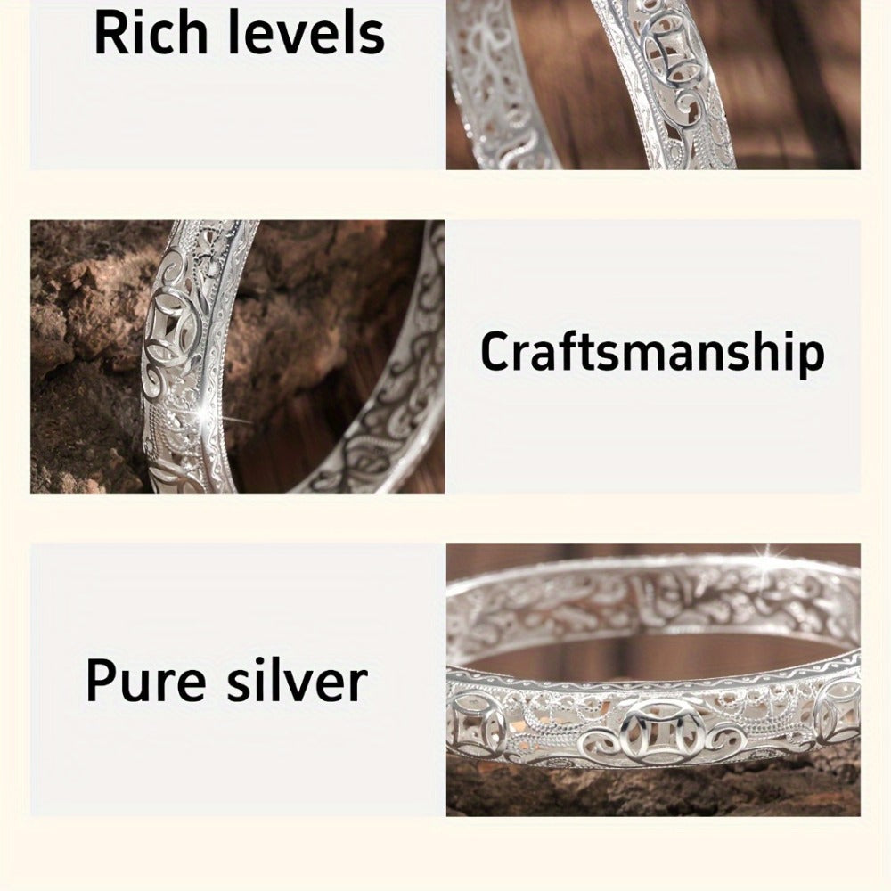 Cuff Bracelet - Silver Bangle S999 Pure Solid Silver Closed End for Women High Shine - product detail view 9