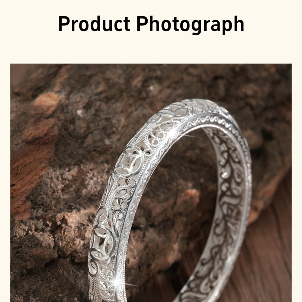 Cuff Bracelet - Silver Bangle S999 Pure Solid Silver Closed End for Women High Shine - product detail view 10