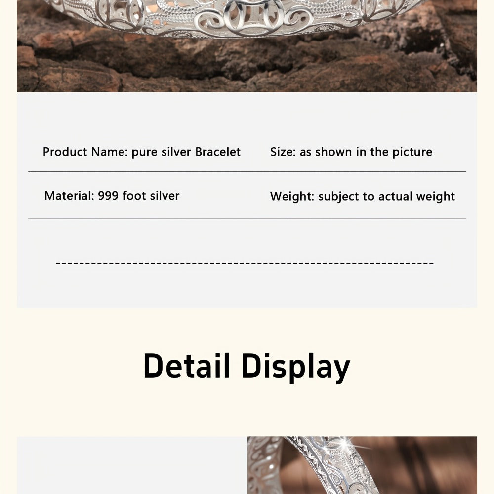 Cuff Bracelet - Silver Bangle S999 Pure Solid Silver Closed End for Women High Shine - product detail view 12