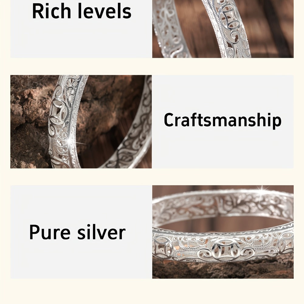 Cuff Bracelet - Silver Bangle S999 Pure Solid Silver Closed End for Women High Shine - product detail view 13
