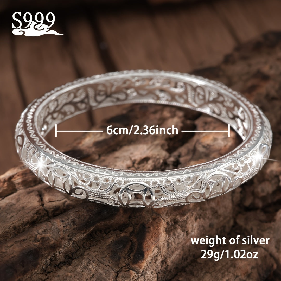 Cuff Bracelet - Silver Bangle S999 Pure Solid Silver Closed End for Women High Shine - product detail view 18