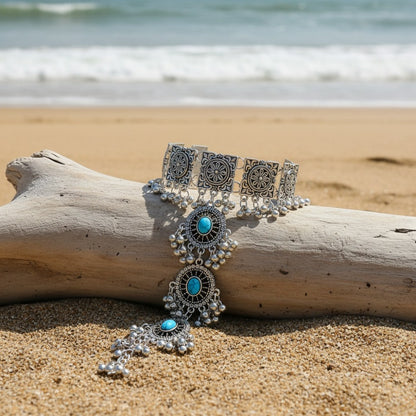Cuff Bracelet - Turquoise Boho Mitten Vintage Bollywood-Inspired Stone Bangle, Ethnic - product detail view 8