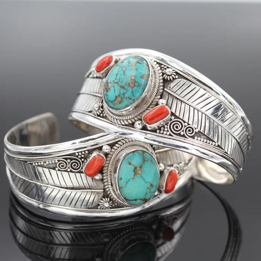 Cuff Bracelet - Turquoise Vintage Ethnic Style Adjustable Opening Silver Imitation - main product view