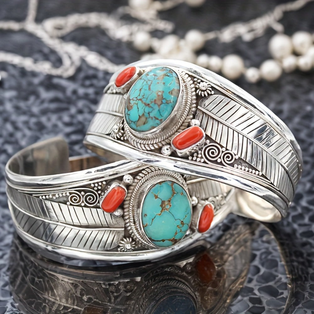 Cuff Bracelet - Turquoise Vintage Ethnic Style Adjustable Opening Silver Imitation - product detail view 2
