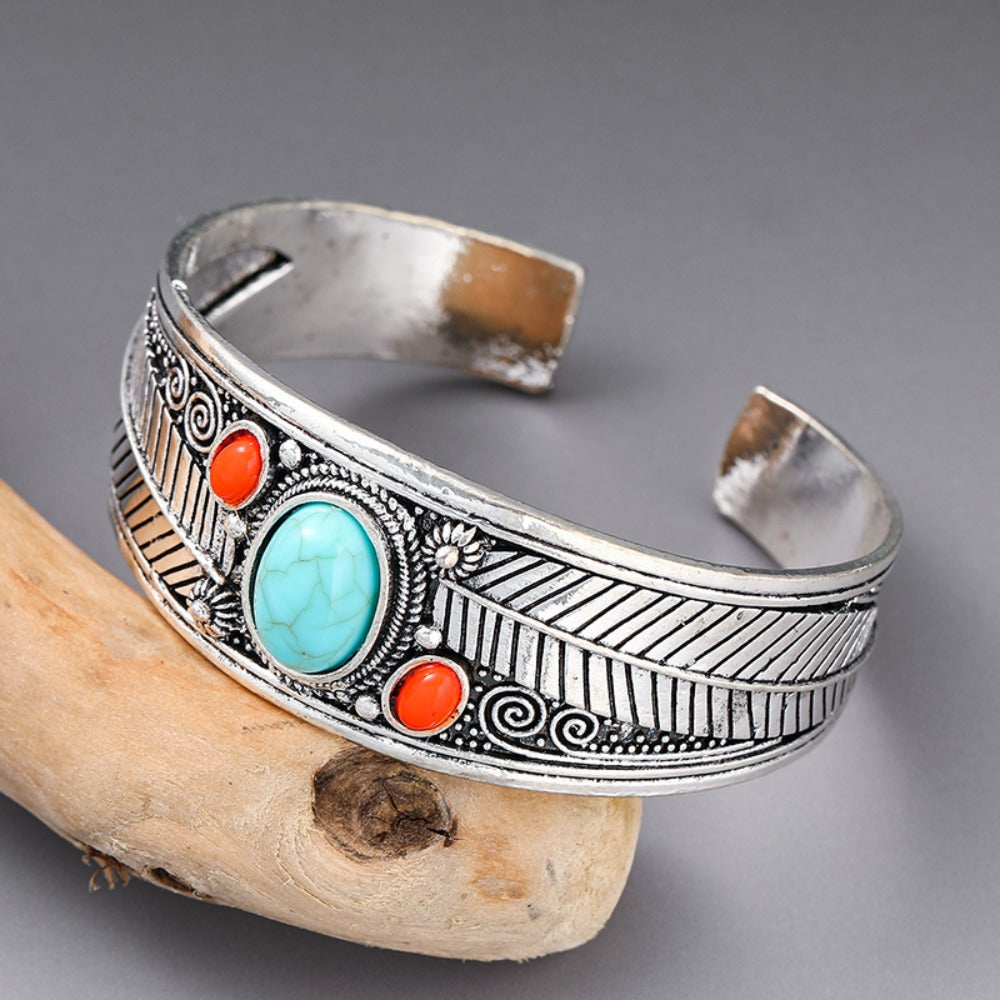 Cuff Bracelet - Turquoise Vintage Ethnic Style Adjustable Opening Silver Imitation - product detail view 7