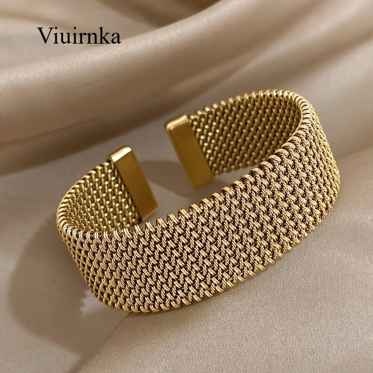 Cuff Bracelet - Wide Gold Tone Stainless Steel Vintage Statement for Women Elegant Open - main product view