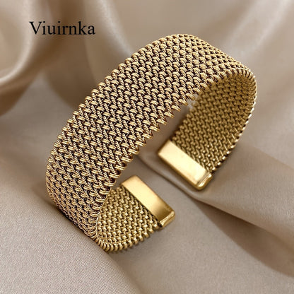 Cuff Bracelet - Wide Gold Tone Stainless Steel Vintage Statement for Women Elegant Open - product detail view 7