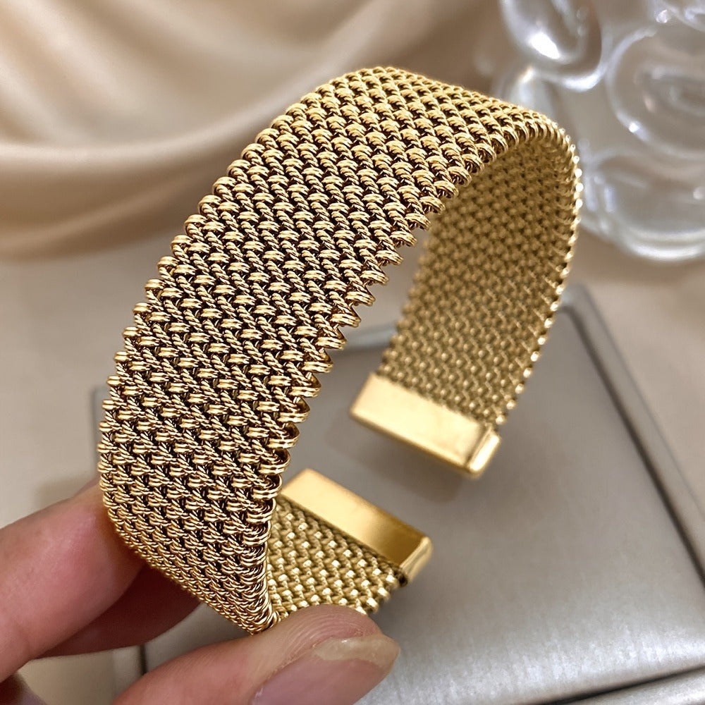 Cuff Bracelet - Wide Gold Tone Stainless Steel Vintage Statement for Women Elegant Open - product detail view 8