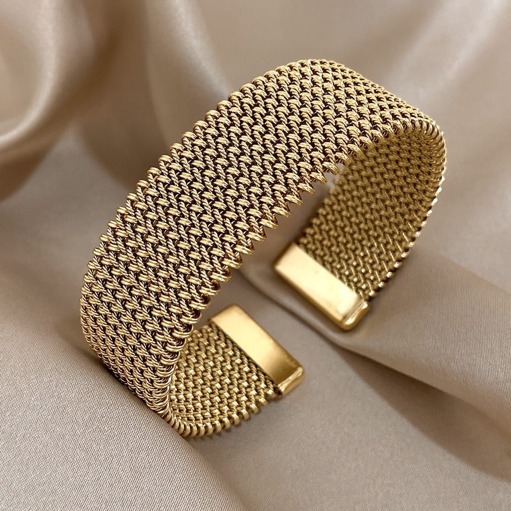 Cuff Bracelet - Wide Gold Tone Stainless Steel Vintage Statement for Women Elegant Open - product detail view 11
