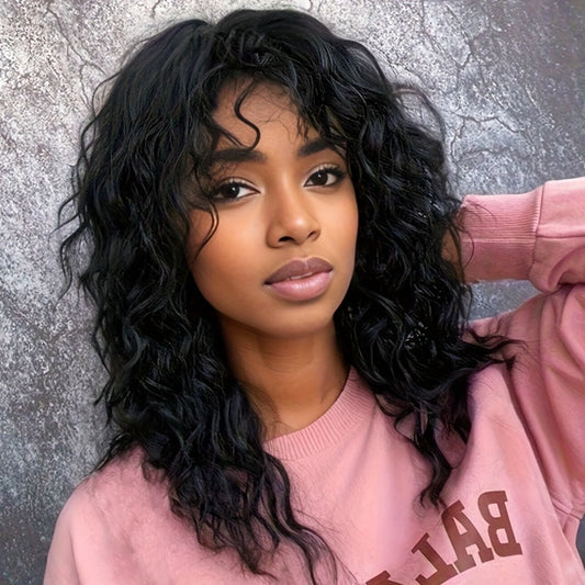 Curly Wig - with Bangs for Women - 18 Inch Black 150% Density Water Wave Synthetic - main product view