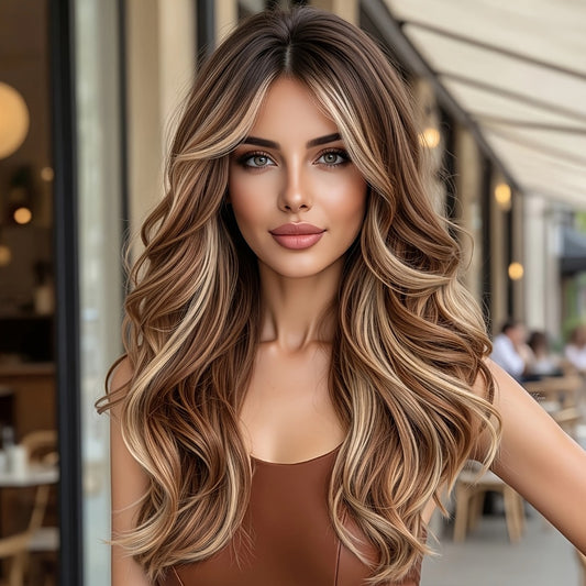 Curly Wig - Brown Balayage with Bangs - Blonde Ombre Layered Long Wavy for Women - main product view
