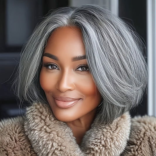 Curly Wig - Grey Layered Bob with Curtain Bangs for Women - 12 Inch Short Wavy - main product view