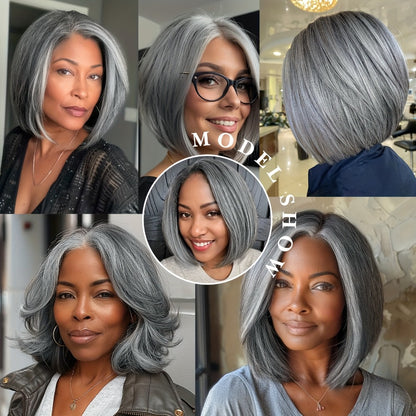 Curly Wig - Grey Layered Bob with Curtain Bangs for Women - 12 Inch Short Wavy - product detail view 5