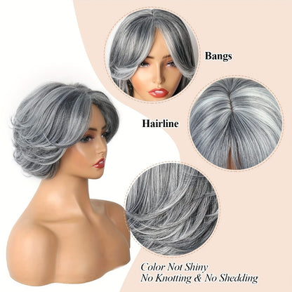 Curly Wig - Grey Layered Bob with Curtain Bangs for Women - 12 Inch Short Wavy - product detail view 6