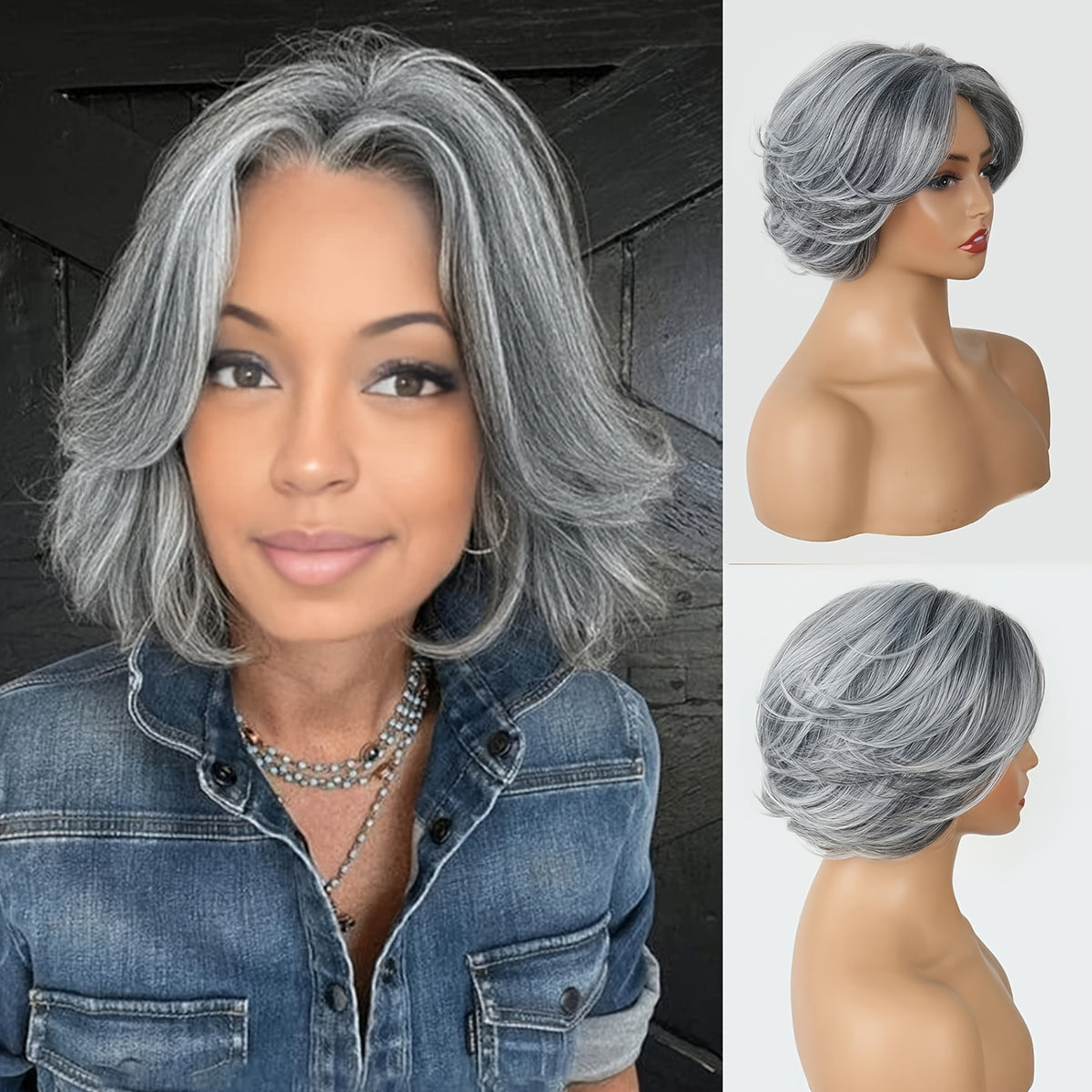 Curly Wig - Grey Layered Bob with Curtain Bangs for Women - 12 Inch Short Wavy - product detail view 8