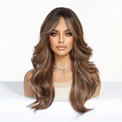Curly Wig - Long with Butterfly Bangs for Women - 24 Inch Layered Brown Synthetic - product detail view 2