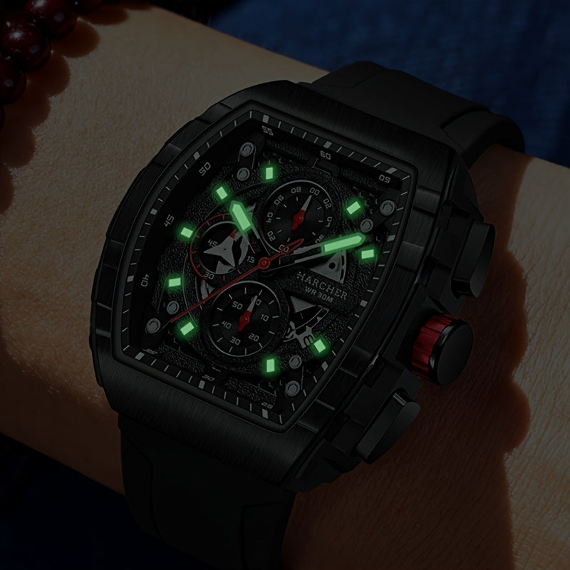 [Luxury Sport Watch] H Luxury Tonneau Sport Watch for Men - Luminous Waterproof Quartz Chronograph - Racing Style Silicone Band Wristwatch - 3ATM Waterproof High-Accuracy Multi-Functional Fashion Watch