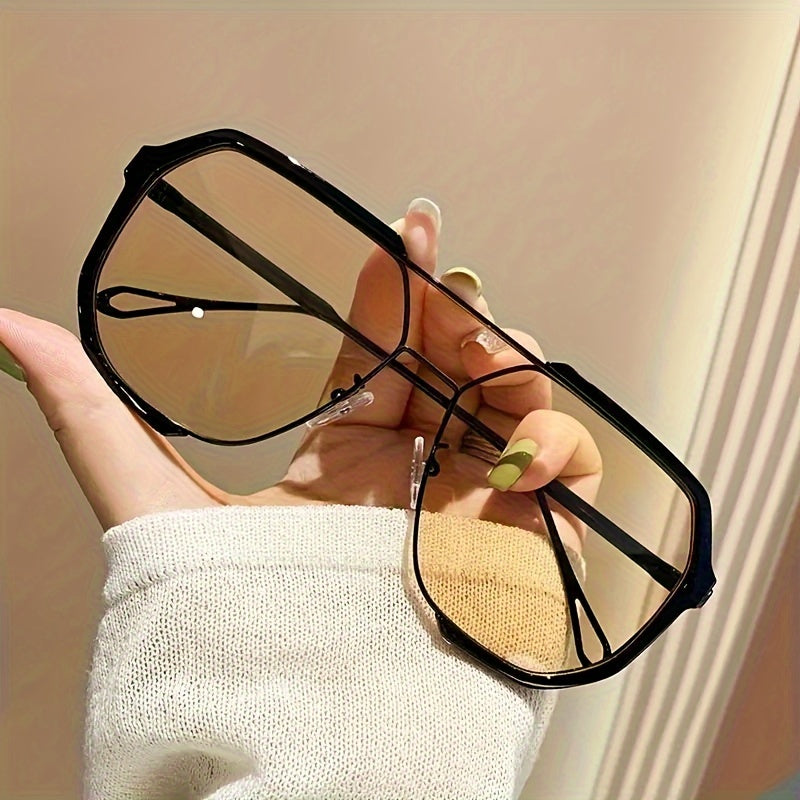 Oversized Sunglasses Women Men Vintage Double Bridge Semi-Rimless UV Protection AC Lenses Metal Accents with Case Beach Vacation Travel Daily Wear Unisex Summer Fashion