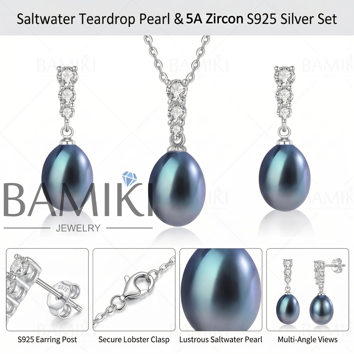 Pearl Pendant Necklace Set S925 Sterling Silver Freshwater Cultured Pearl 9-10MM Pendant Jewelry Set for Women Gift
