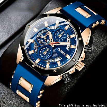 Sport Chronograph Watch for Men Vintage Large Round Dial Silicone Strap Quartz Calendar Function Zinc Alloy Case Battery Powered Gift for Him Black Rose Gold
